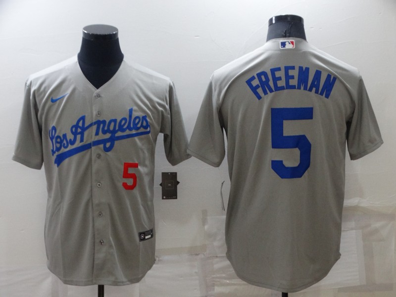 Men's Los Angeles Dodgers #5 Freddie Freeman Grey Cool Base Stitched Baseball Jersey